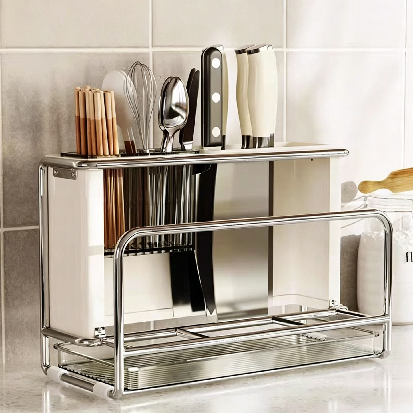 Integrated Wall-mounted Kitchen Storage Rack for Knives, Chopsticks & Cutting Board