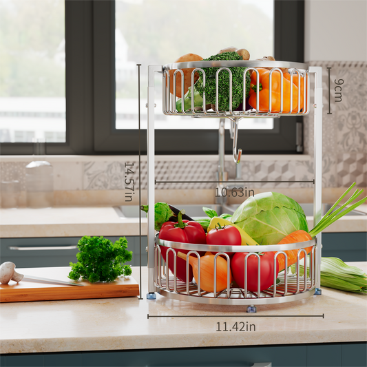 2-Tier Round Stainless Steel Kitchen Fruit & Veggie Organizer Basket