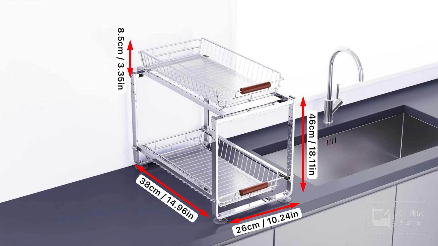 2-Tier Pull-Out Cabinet Organizer Basket – Heavy Duty Carbon Steel Under Sink Storage Rack with Wooden Handles