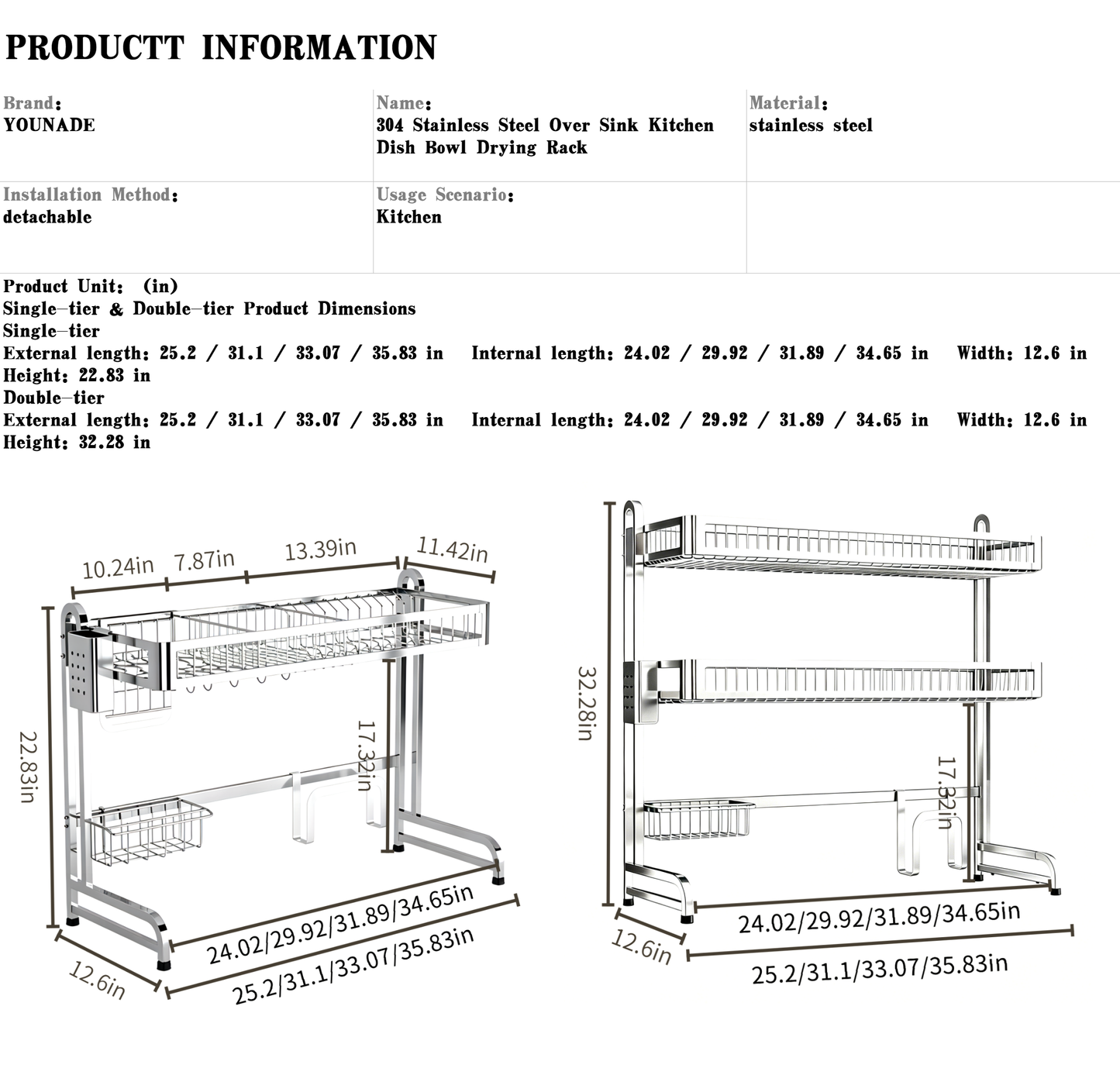 304 Stainless Steel Over-Sink Dish Drying Rack full zie