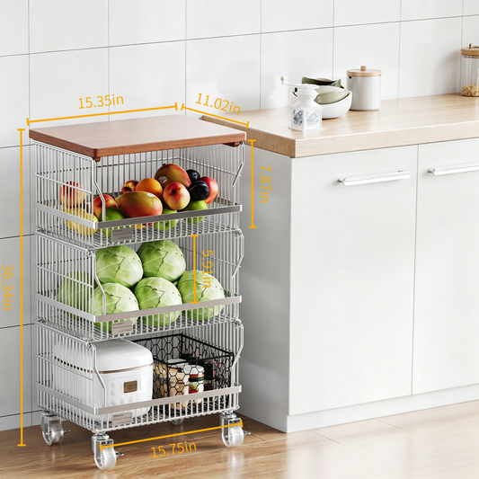 (Three-tier)Multi-layer Floor-standing Multi-functional Storage Trolley with Kitchen Vegetable Basket