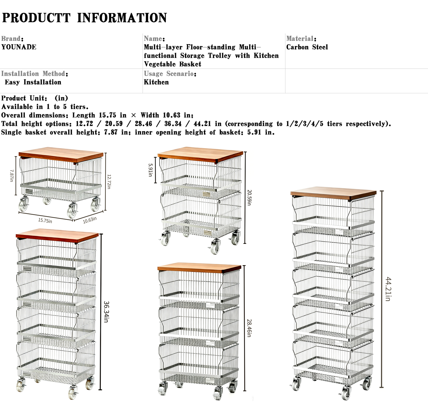 Multi-Layer Floor-Standing Kitchen Storage Trolley with Vegetable Basket full size
