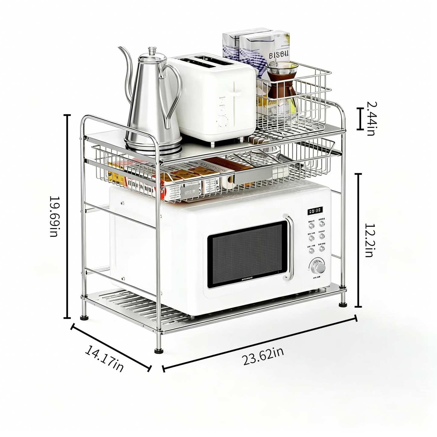 (Width: 60)304Stainless Steel Kitchen Countertop Microwave Shelf, Multi-functional Storage Rack for Oven and Rice Cooker