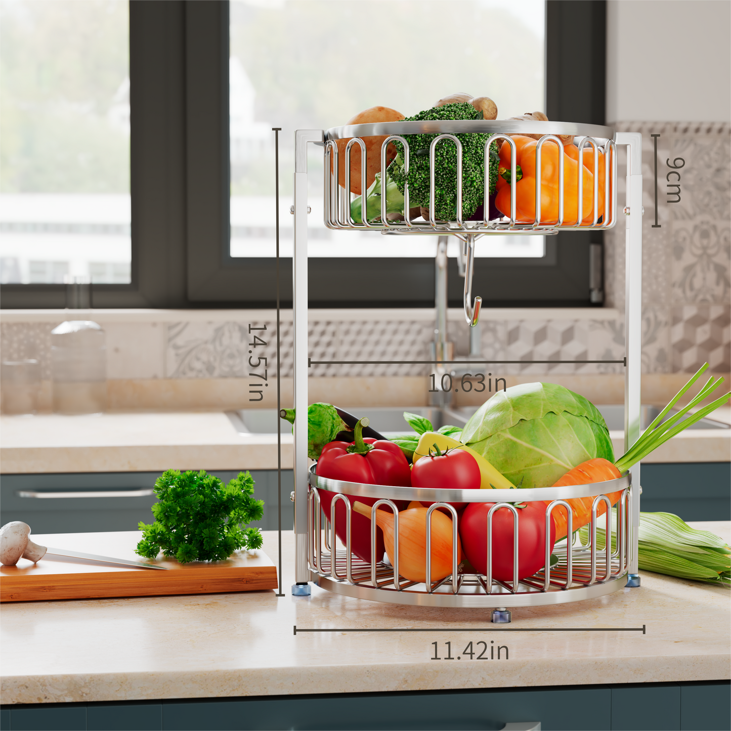 2-Tier Round Stainless Steel Kitchen Fruit & Veggie Organizer Basket