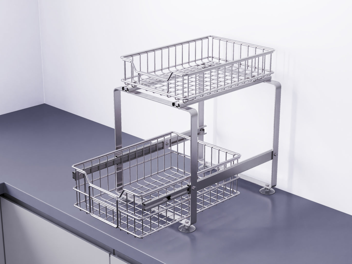 2-Tier Pull-Out Cabinet Organizer Rack - Stainless Steel Kitchen Storage