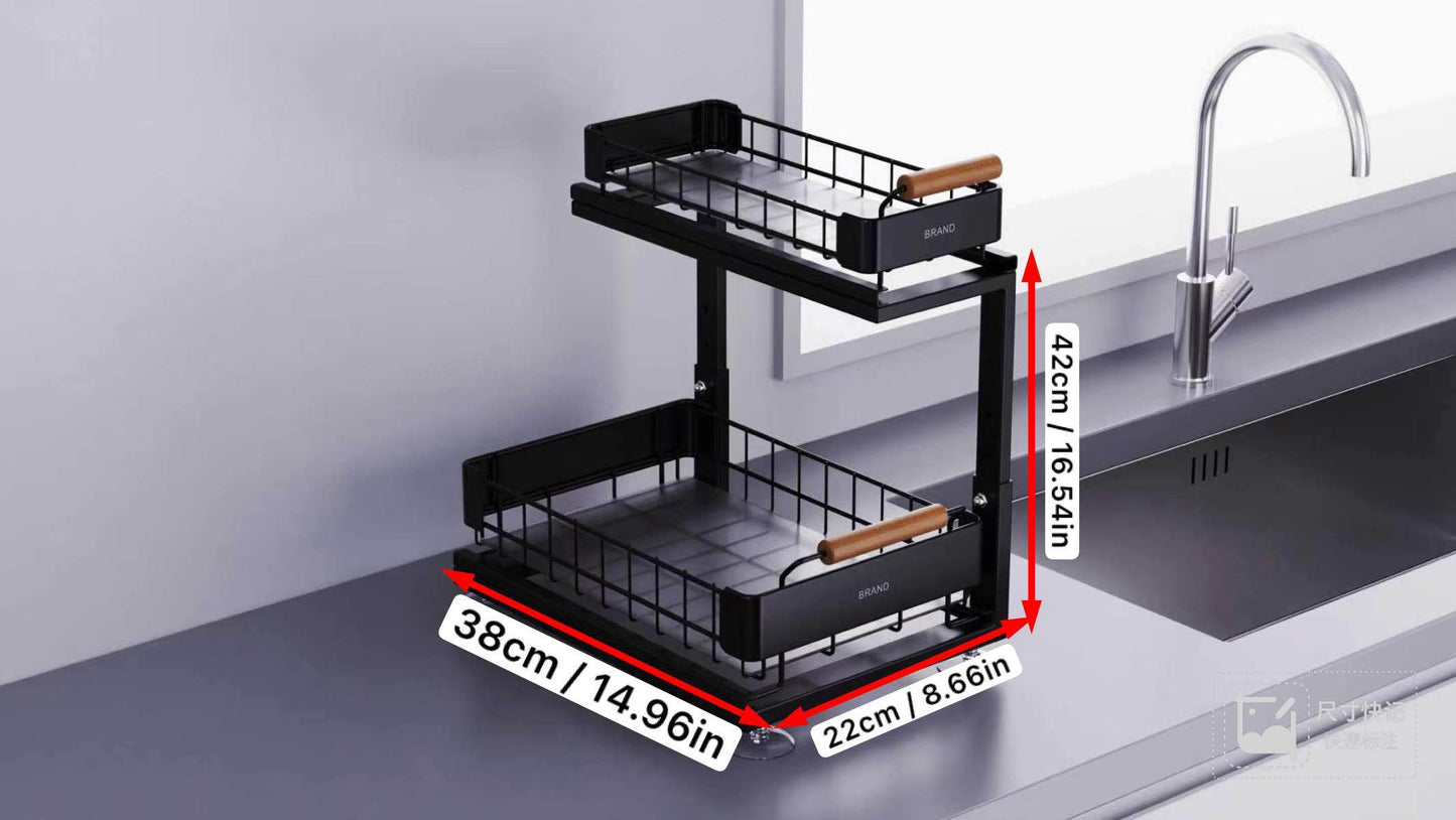 2-Tier Pull-Out Cabinet Organizer Basket – Heavy Duty Carbon Steel Under Sink Storage Rack with Wooden Handles