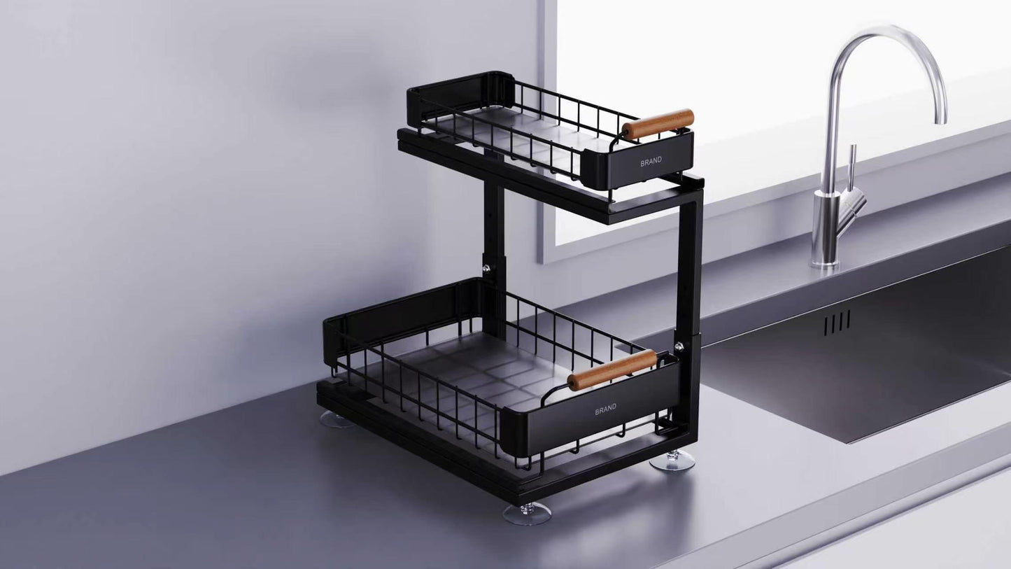 2-Tier Pull-Out Cabinet Organizer Basket – Heavy Duty Carbon Steel Under Sink Storage Rack with Wooden Handles