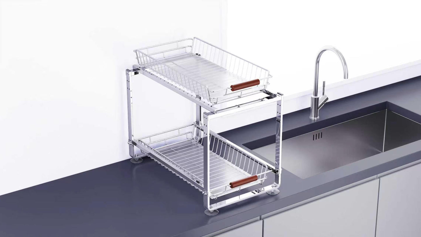 2-Tier Pull-Out Cabinet Organizer Basket – Heavy Duty Carbon Steel Under Sink Storage Rack with Wooden Handles