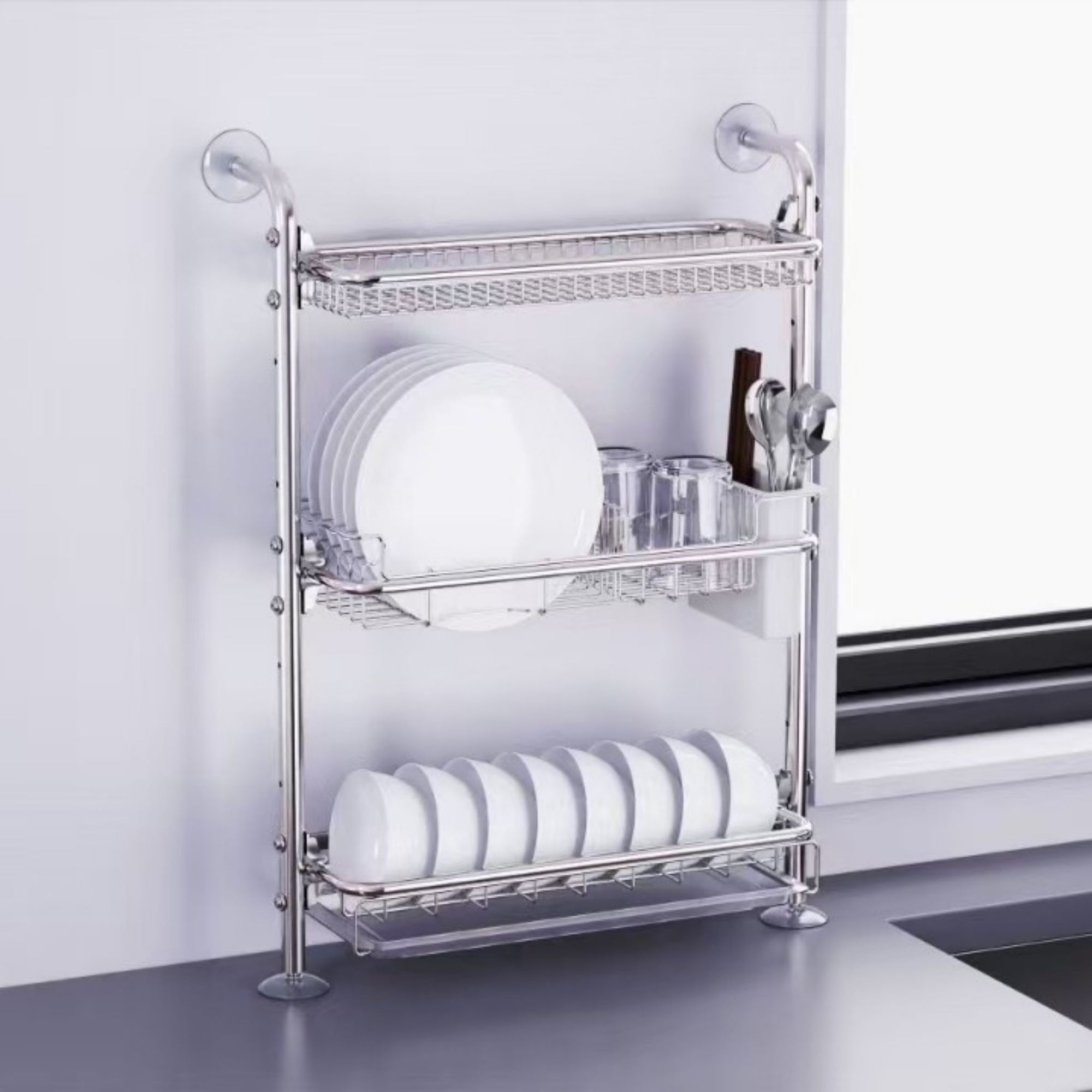 304 Stainless Steel No-Drill Wall Mount Dish Rack