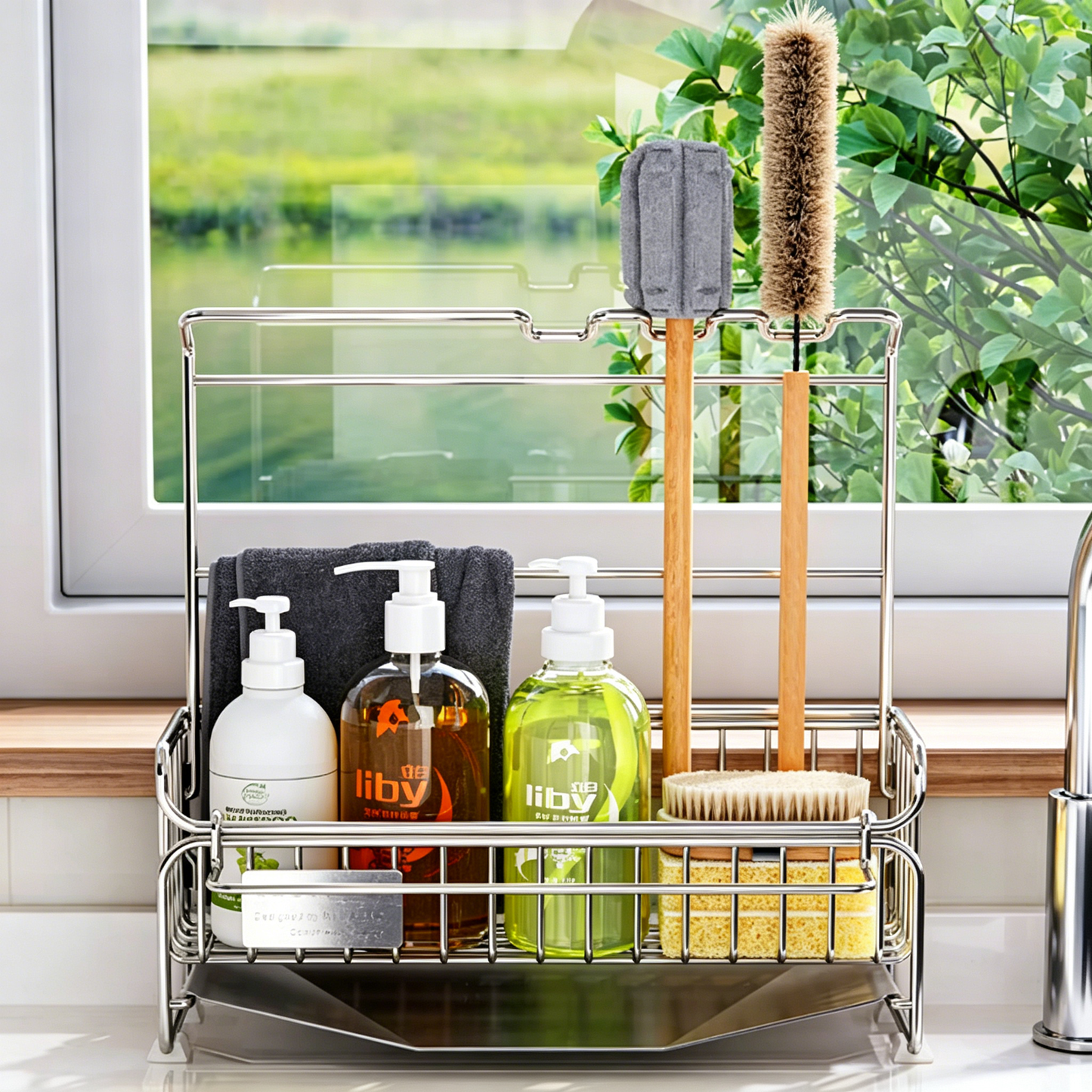 304 Stainless Steel Kitchen Sink Caddy Organizer - Mop Handle + Drying Rack