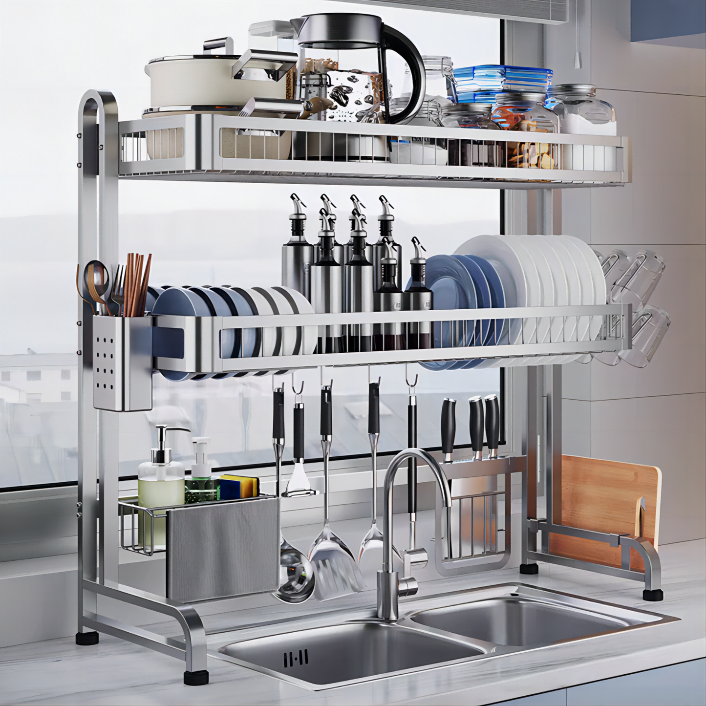 304 Stainless Steel Over-Sink Dish Drying Rack - Double Tier / 91 cm