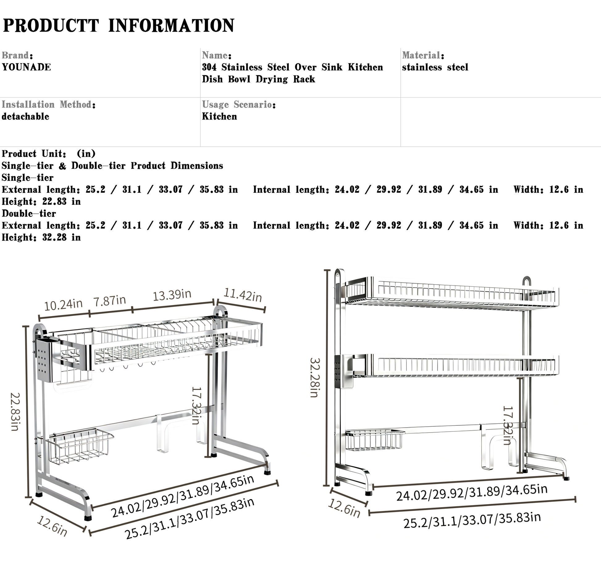 304 Stainless Steel Over-Sink Dish Drying Rack full zie