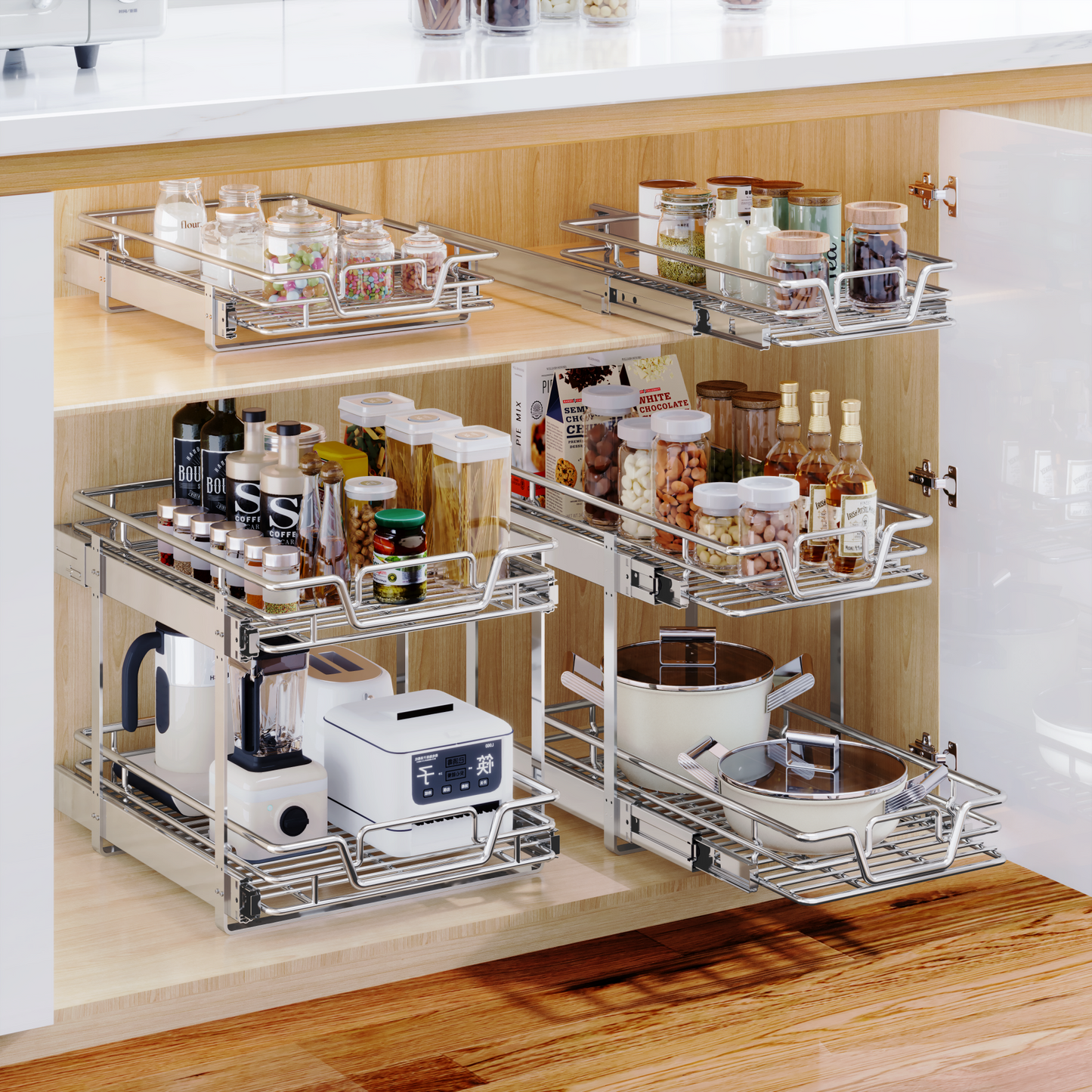 304 Stainless Steel Pull-Out Kitchen Basket - Double Tier