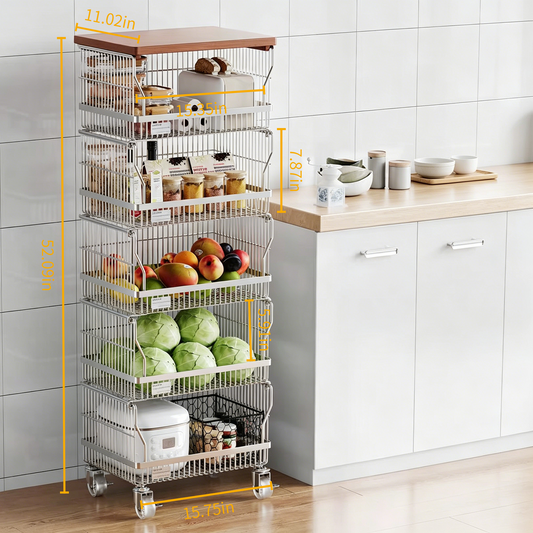 (Four-tier)Multi-layer Floor-standing Multi-functional Storage Trolley with Kitchen Vegetable Basket