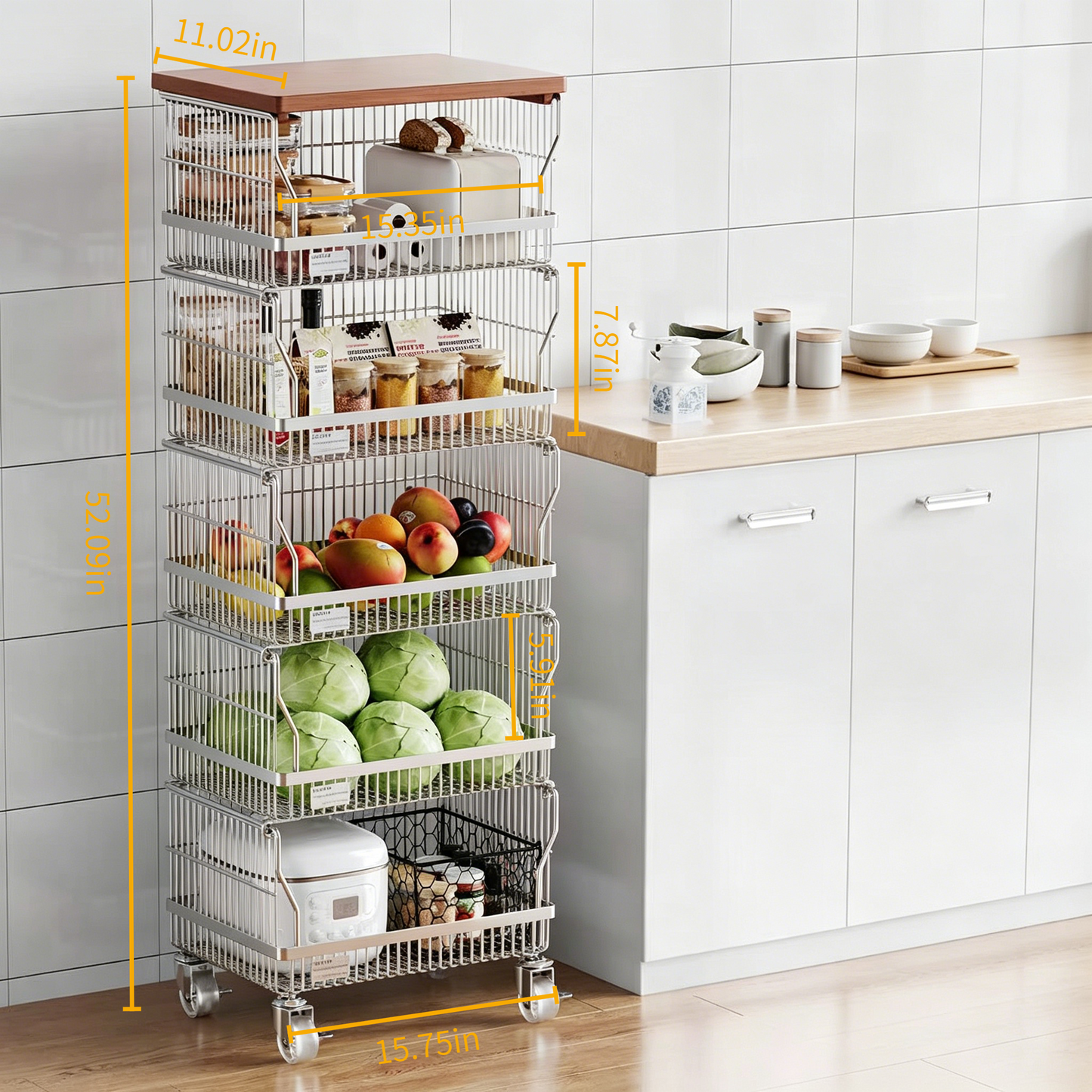 （Four-tier）Multi-layer Floor-standing Multi-functional Storage Trolley with Kitchen Vegetable Basket