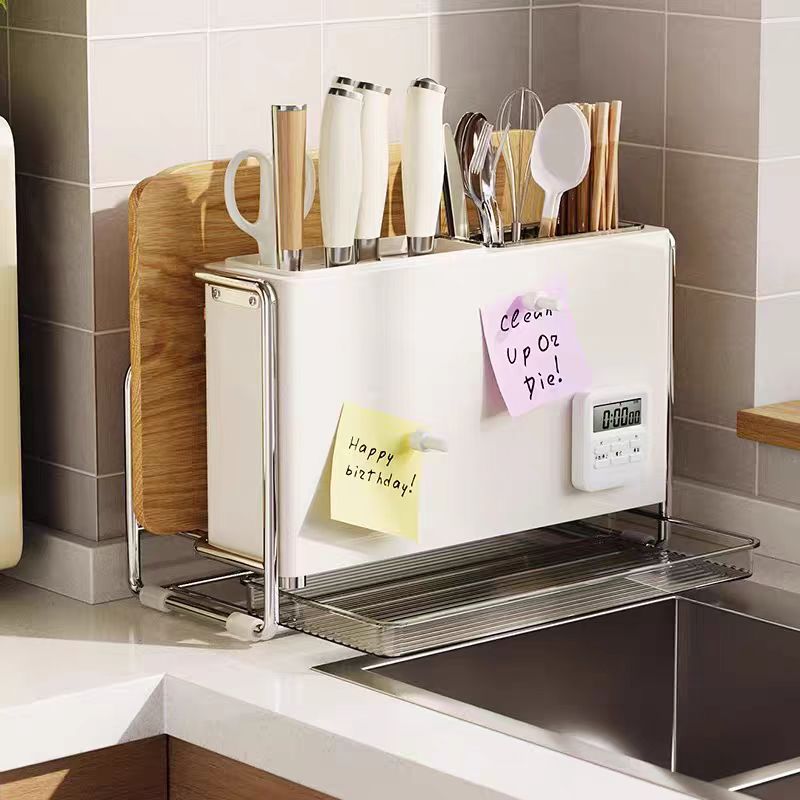 Integrated Wall-mounted Kitchen Storage Rack for Knives, Chopsticks & Cutting Board