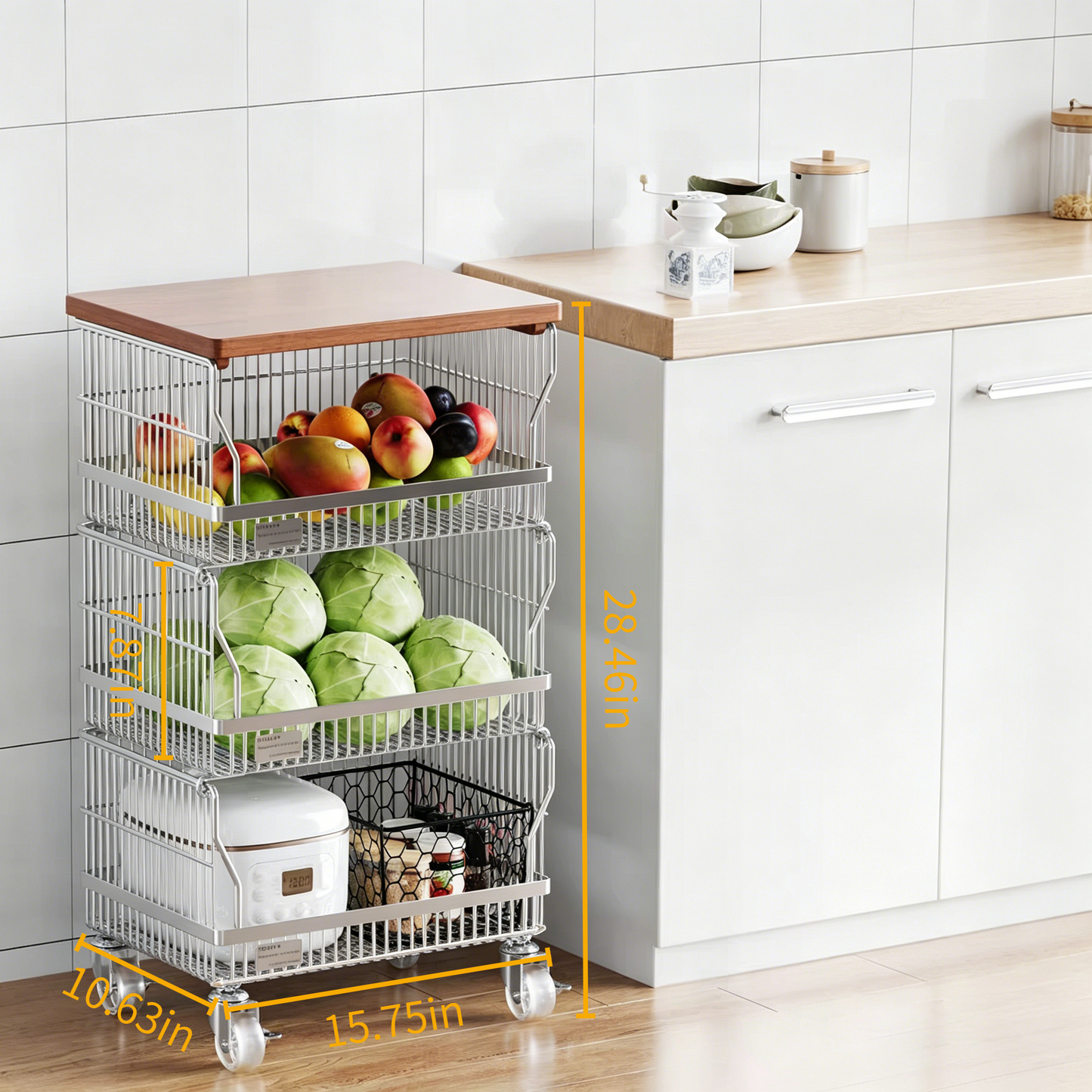 Multi-Layer Floor-Standing Kitchen Storage Trolley with Vegetable three Basket size 