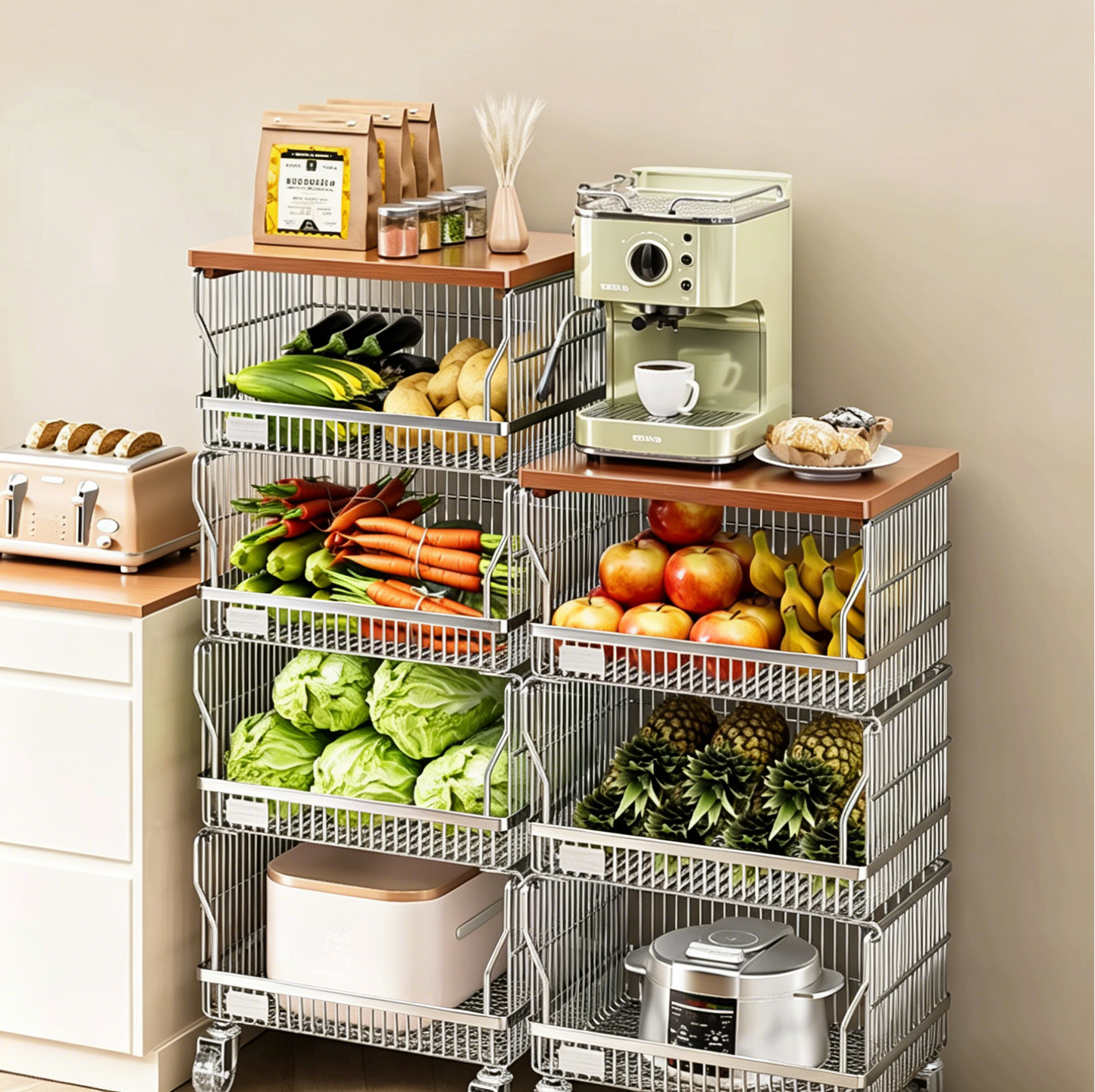 Multi-Layer Floor-Standing Kitchen Storage Trolley with Vegetable Basket