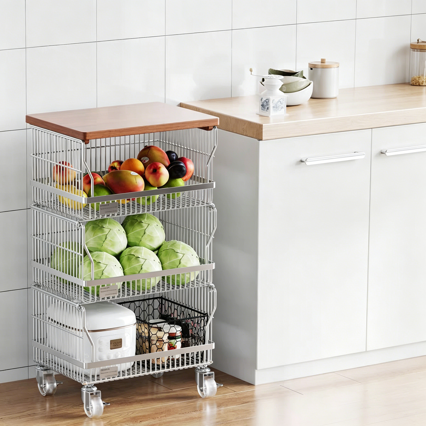 Multi-Layer Floor-Standing Kitchen Storage Trolley with Vegetable Basket - 3-Tier