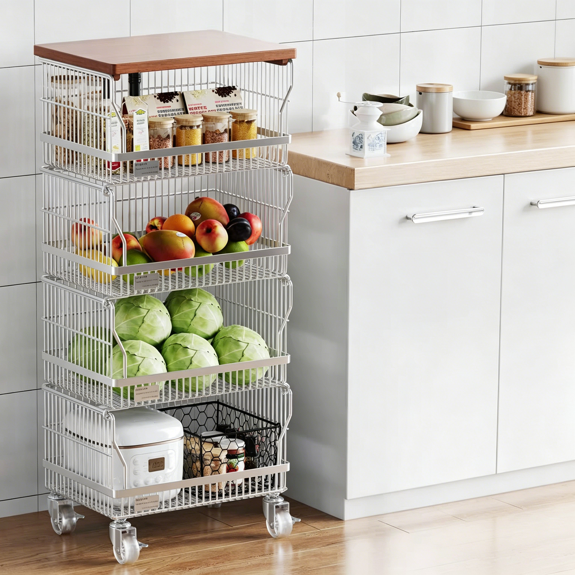 Multi-Layer Floor-Standing Kitchen Storage Trolley with Vegetable Basket - 4-Tier