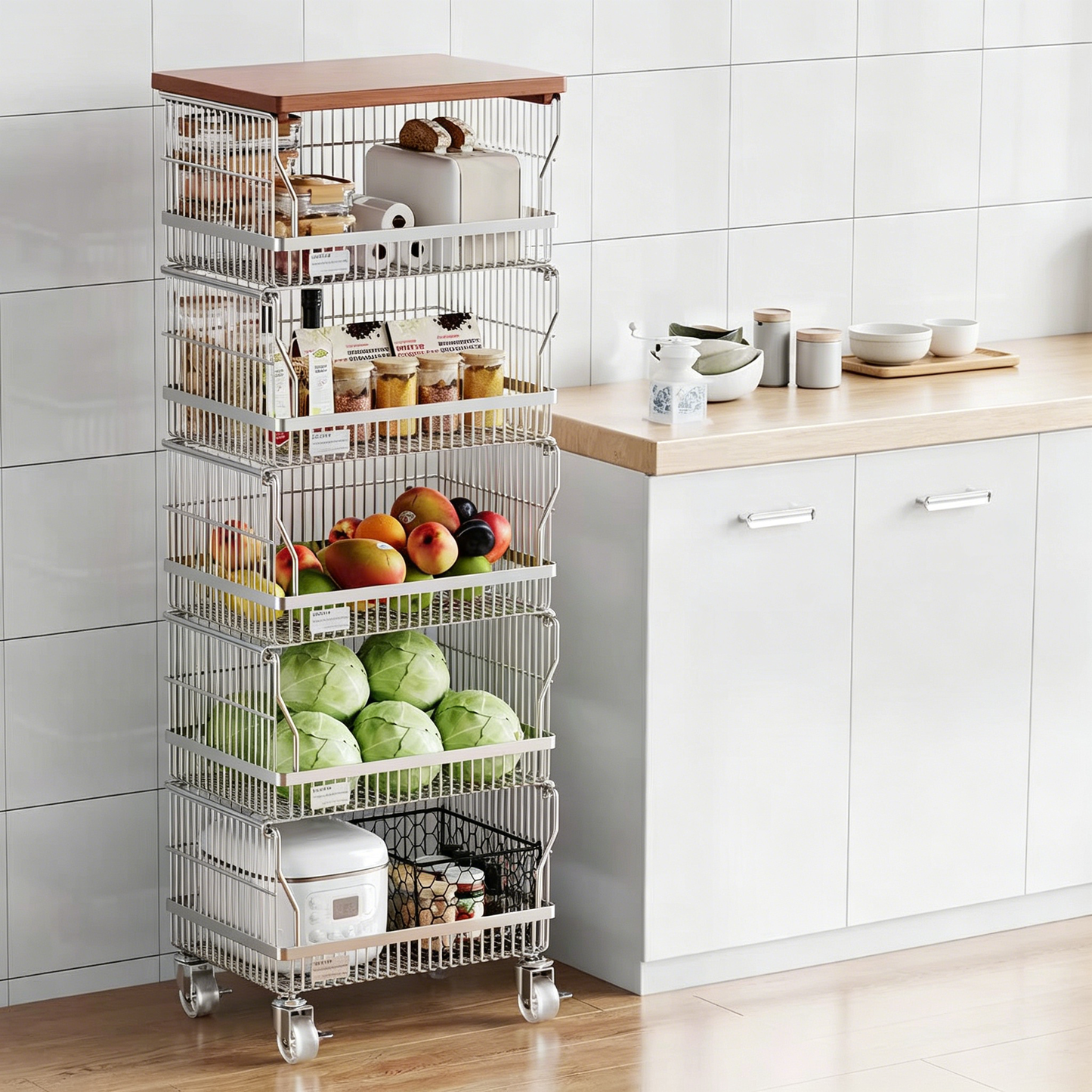 Multi-Layer Floor-Standing Kitchen Storage Trolley with Vegetable Basket - 5-Tier