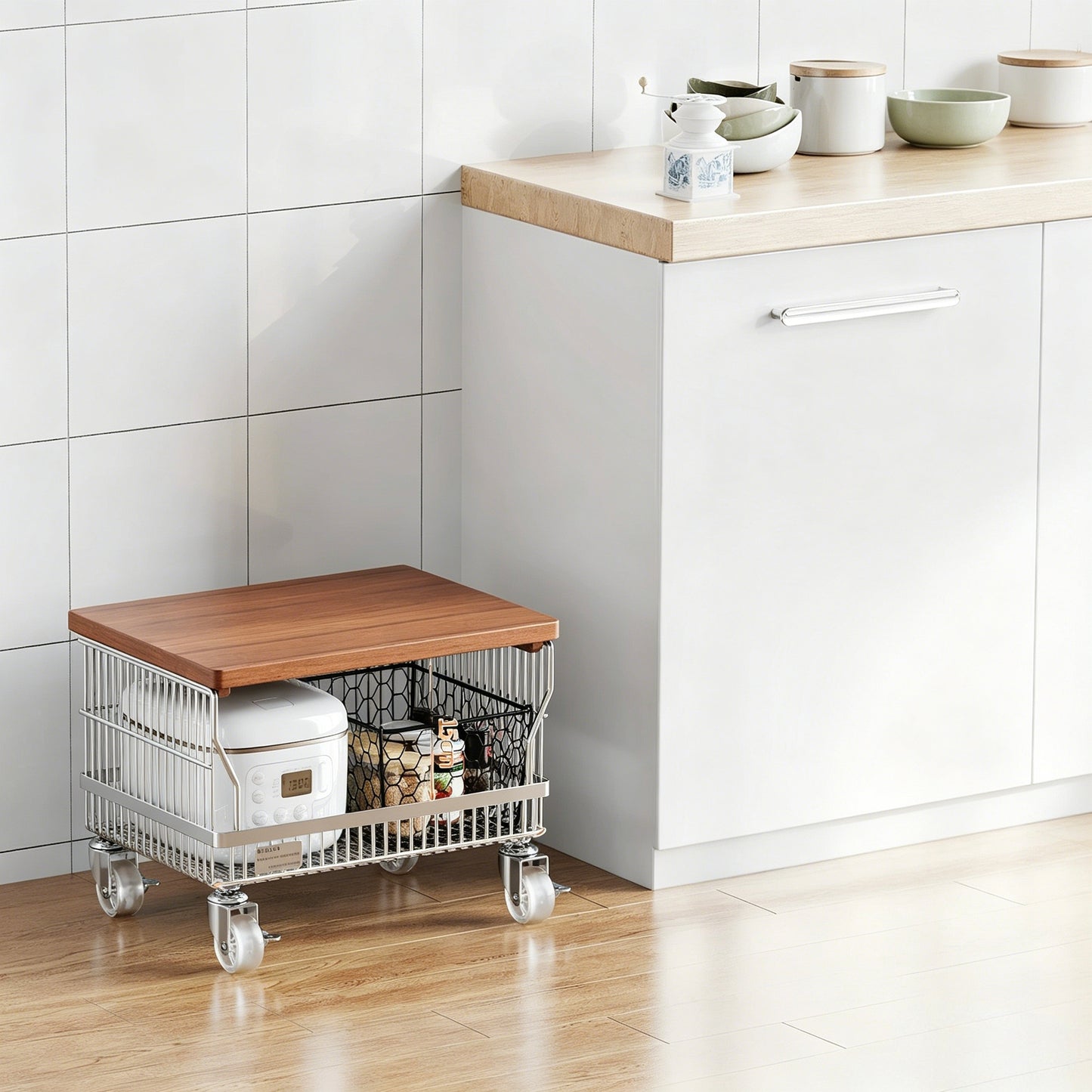 Multi-Layer Floor-Standing Kitchen Storage Trolley with Vegetable Basket