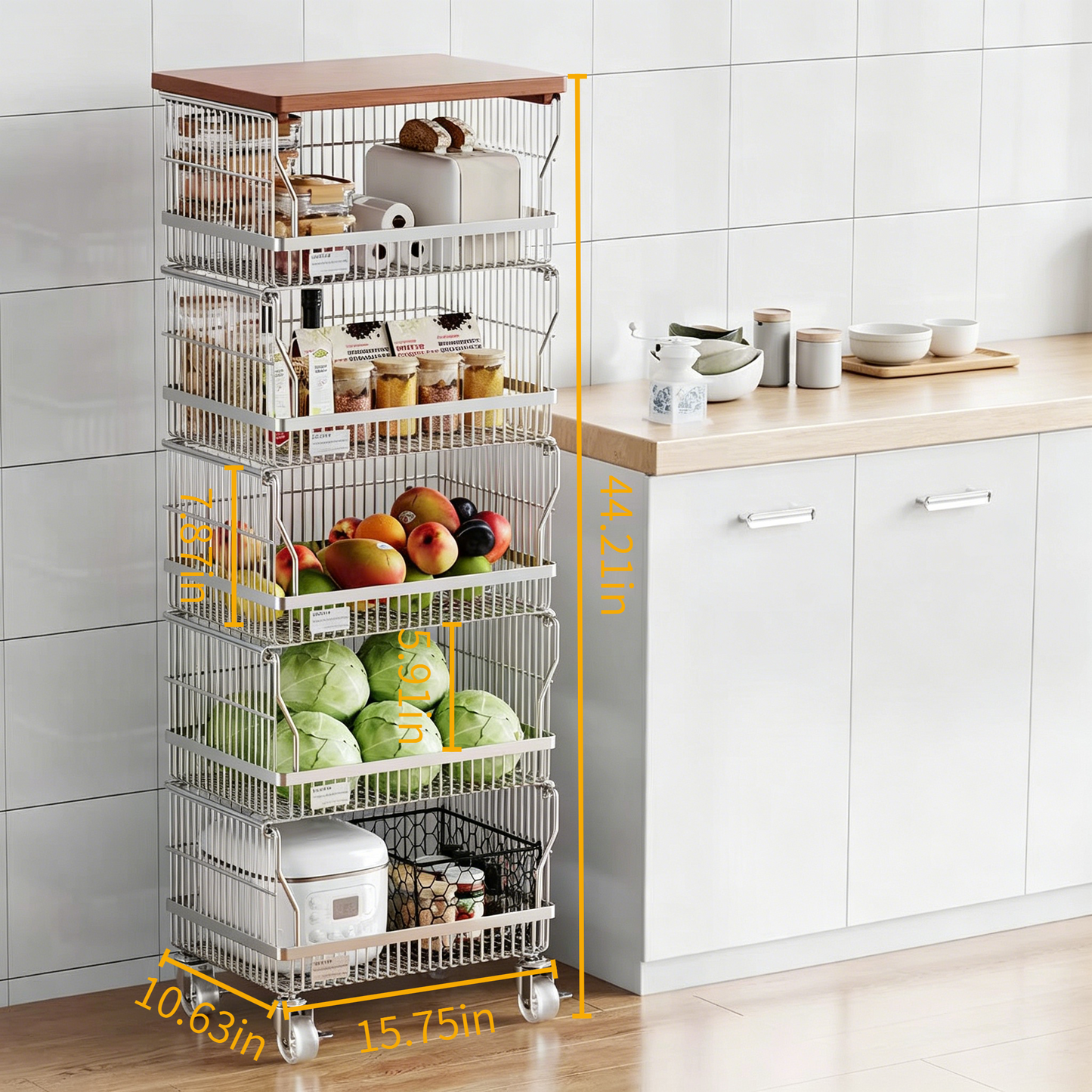 Multi-Layer Floor-Standing Kitchen Storage Trolley with Vegetable five Basket size 