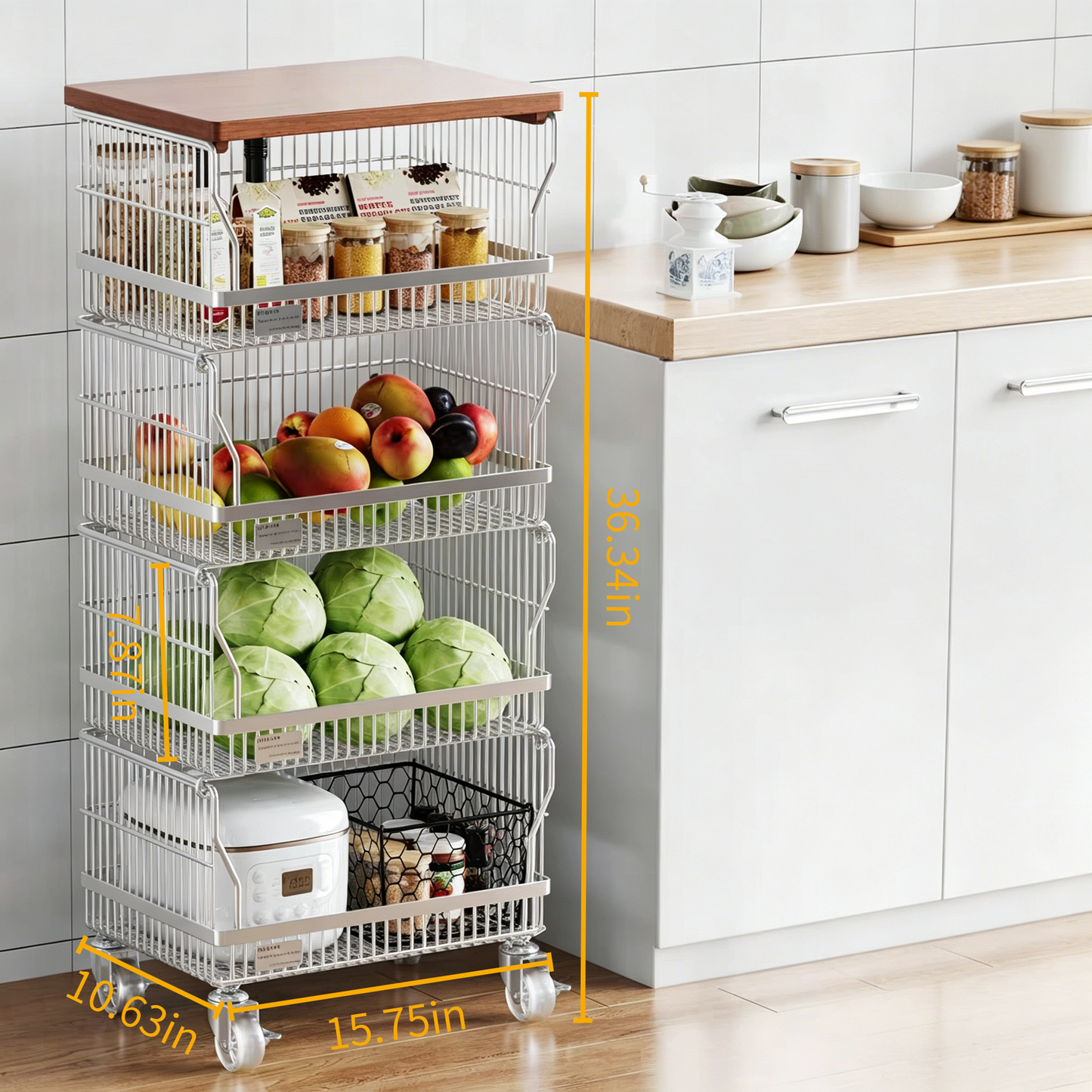 Multi-Layer Floor-Standing Kitchen Storage Trolley with Vegetable four Basket size 