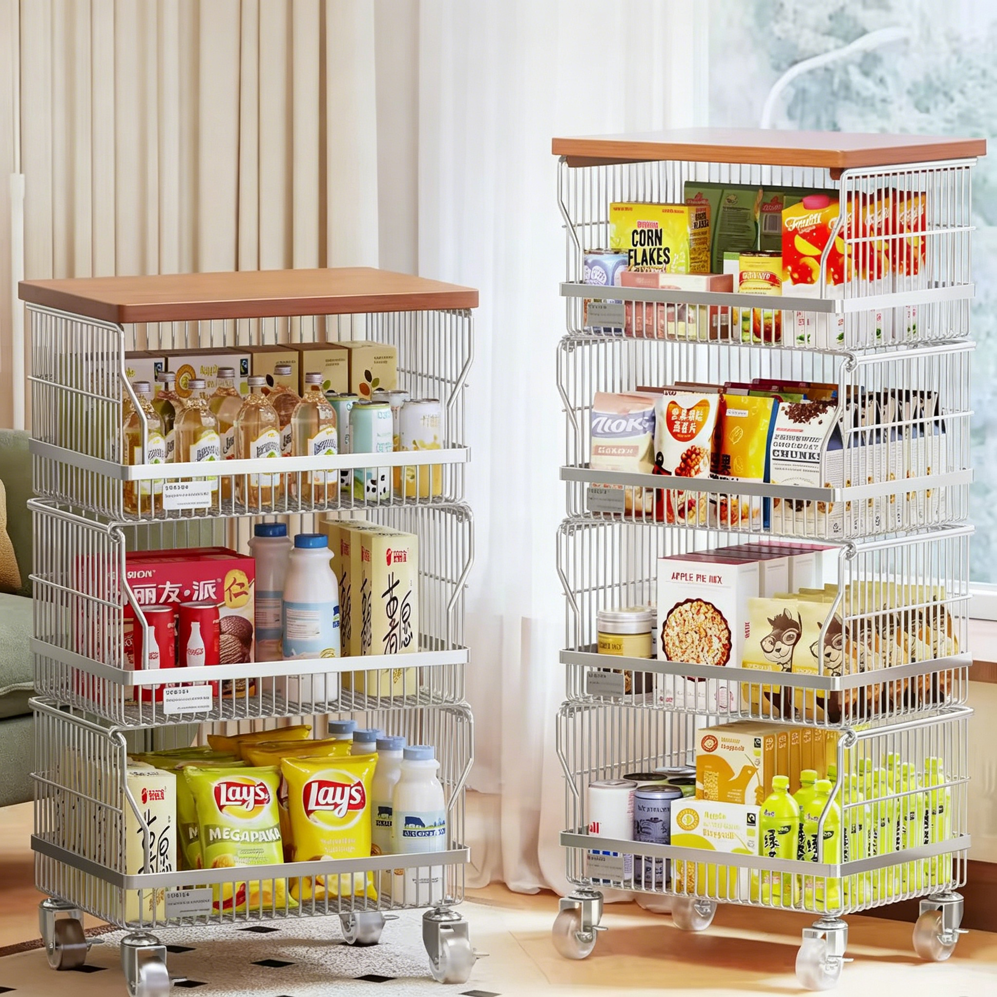 Multi-Layer Floor-Standing Kitchen Storage Trolley with Vegetable Basket