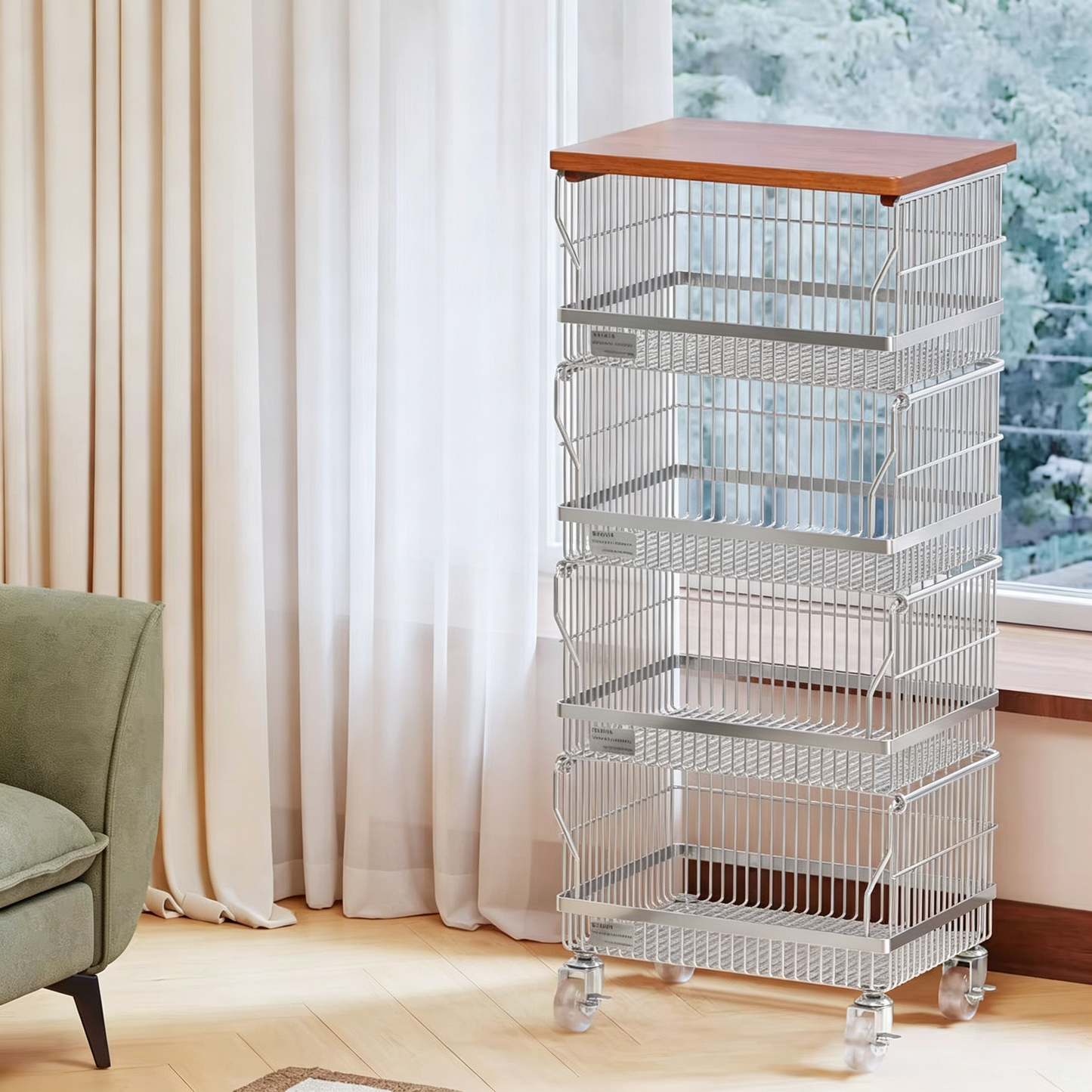 Multi-Layer Floor-Standing Kitchen Storage Trolley with Vegetable Basket