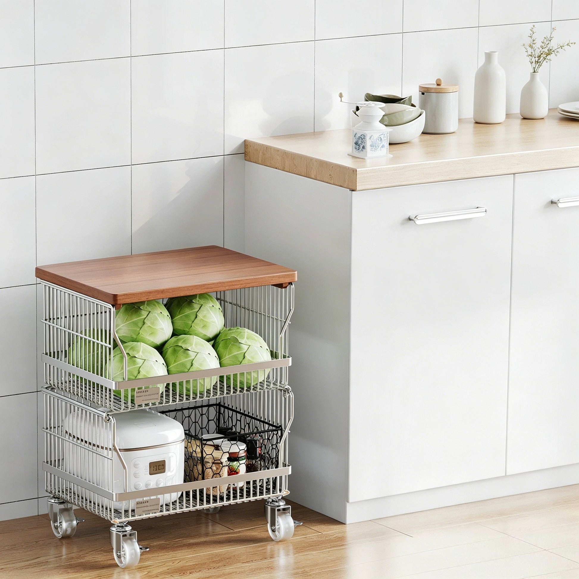 Multi-Layer Floor-Standing Kitchen Storage Trolley with Vegetable two Basket
