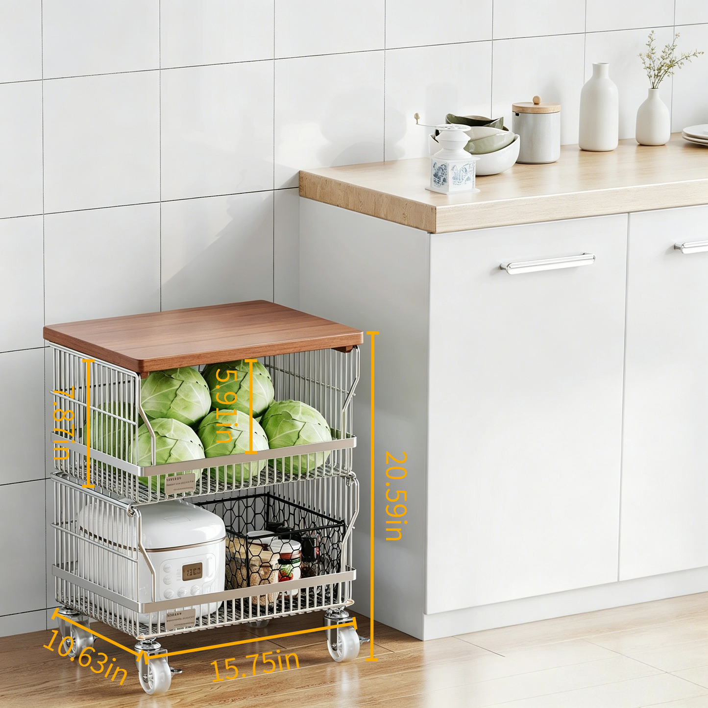 Multi-Layer Floor-Standing Kitchen Storage Trolley with Vegetable two Basket size 