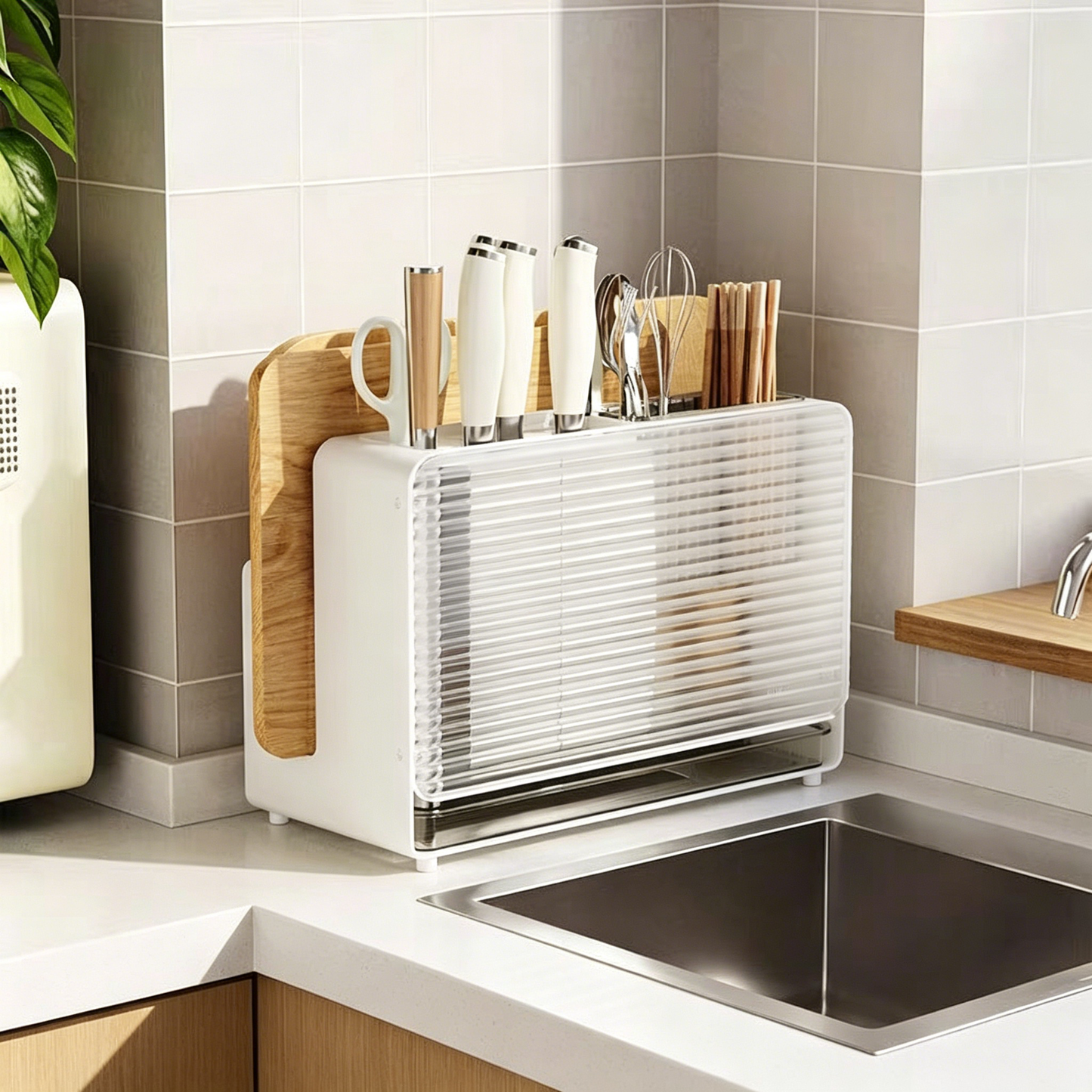 Integrated Wall-mounted Kitchen Storage Rack for Knives, Chopsticks & Cutting Board