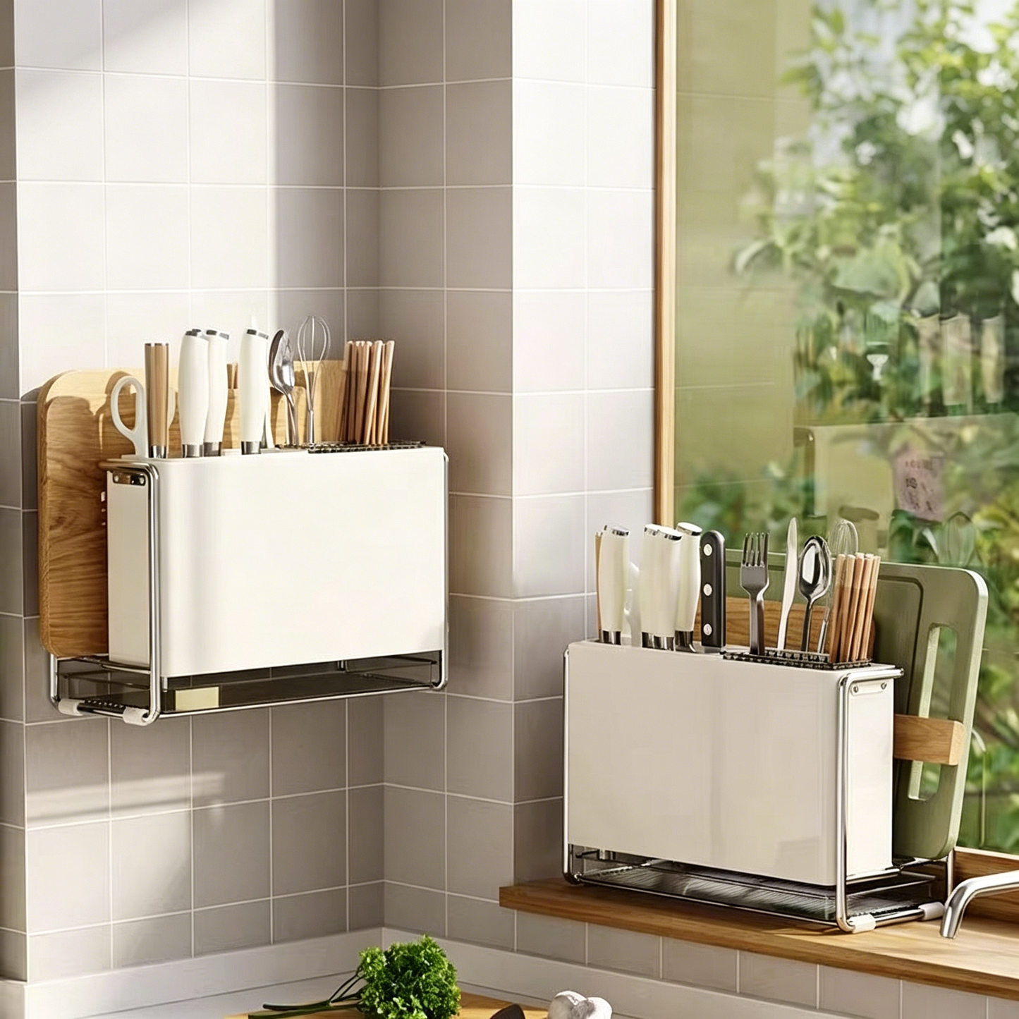 Integrated Wall-mounted Kitchen Storage Rack for Knives, Chopsticks & Cutting Board
